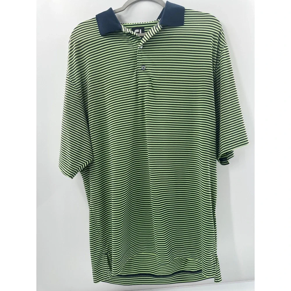 FootJoy Mens Golf Polo Shirt Medium Lime Green Navy Blue Striped Short Sleeve FJ